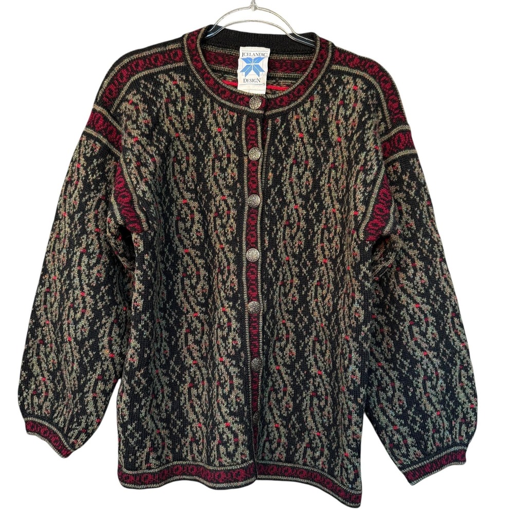 Icelandic Design Sweater Womens Small‎ Black Red Wool Cardigan Nordic Fair Isle